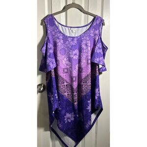 Avenue Cold Shoulder‎ Tunic Blouse Pullover Short Sleeves Size 16 Purple